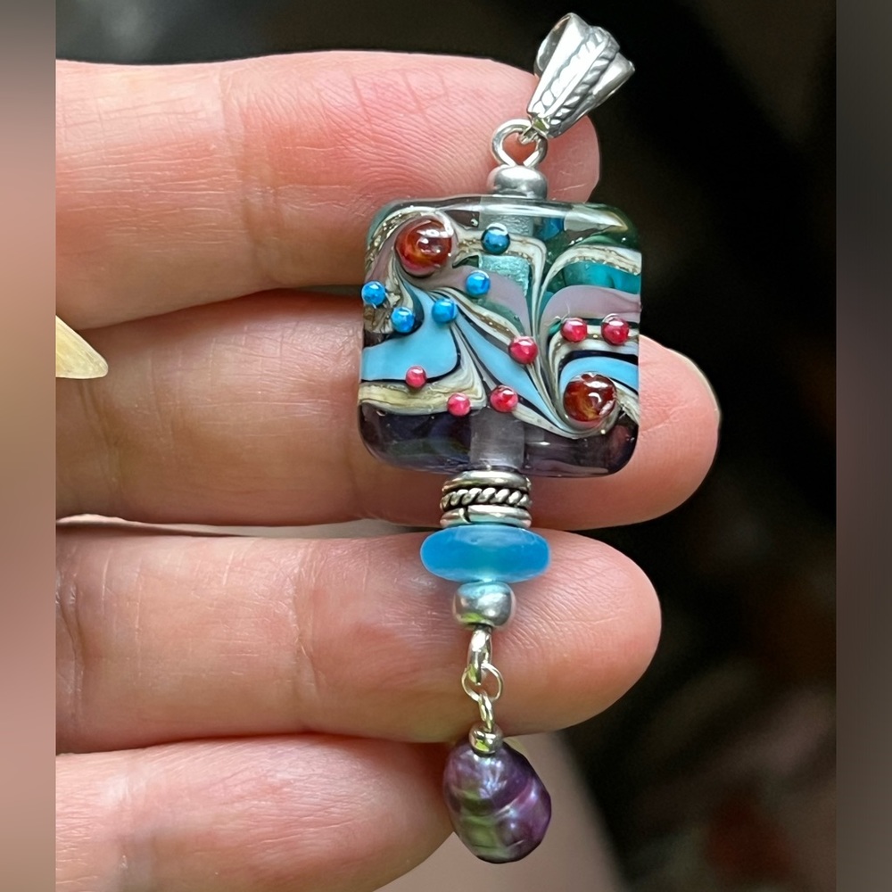 STERLING SILVER PENDANT BLUE OCEAN LAMPWORK ARTISAN